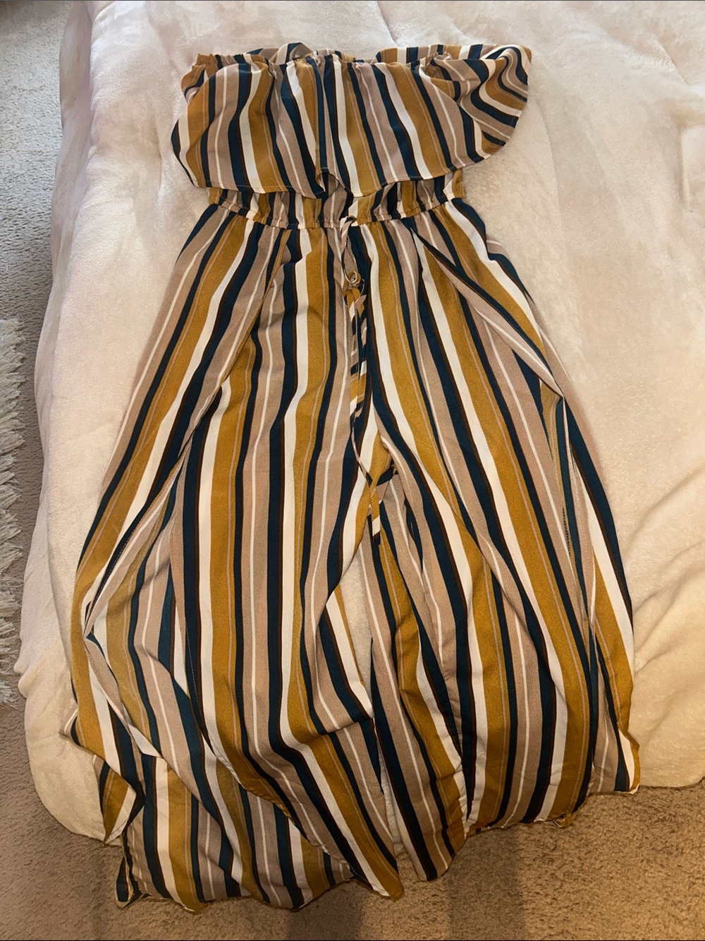 Fashion Nova Strapless Maxi Jumpsuit in Mustard, Navy & Cream